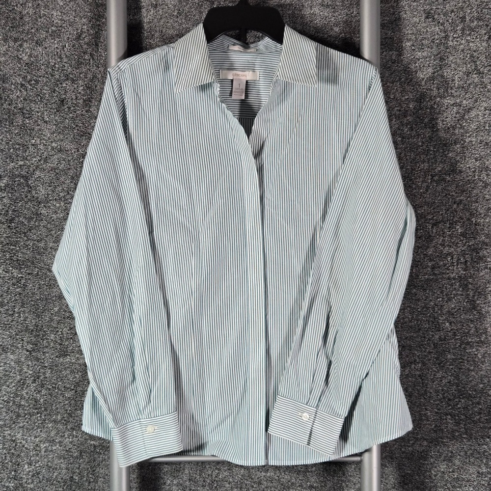 Chicos No-Iron Striped Button Down Shirt Teal White Metallic Shimmer Size 1 M